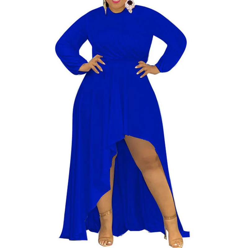 Solid Round Neck Plus Size Spring Autumn Clothes for Women Pleated Patchwork Ruffles Long Sleeve Casual Irregular Maxi Dresses