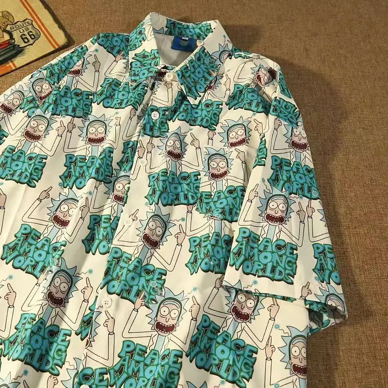 

2023 Creative Funny Cartoon Full Print Loose Button Up Shirt Women Couple Short Sleeve Casual Streetwear Men Korean Beach Shirt