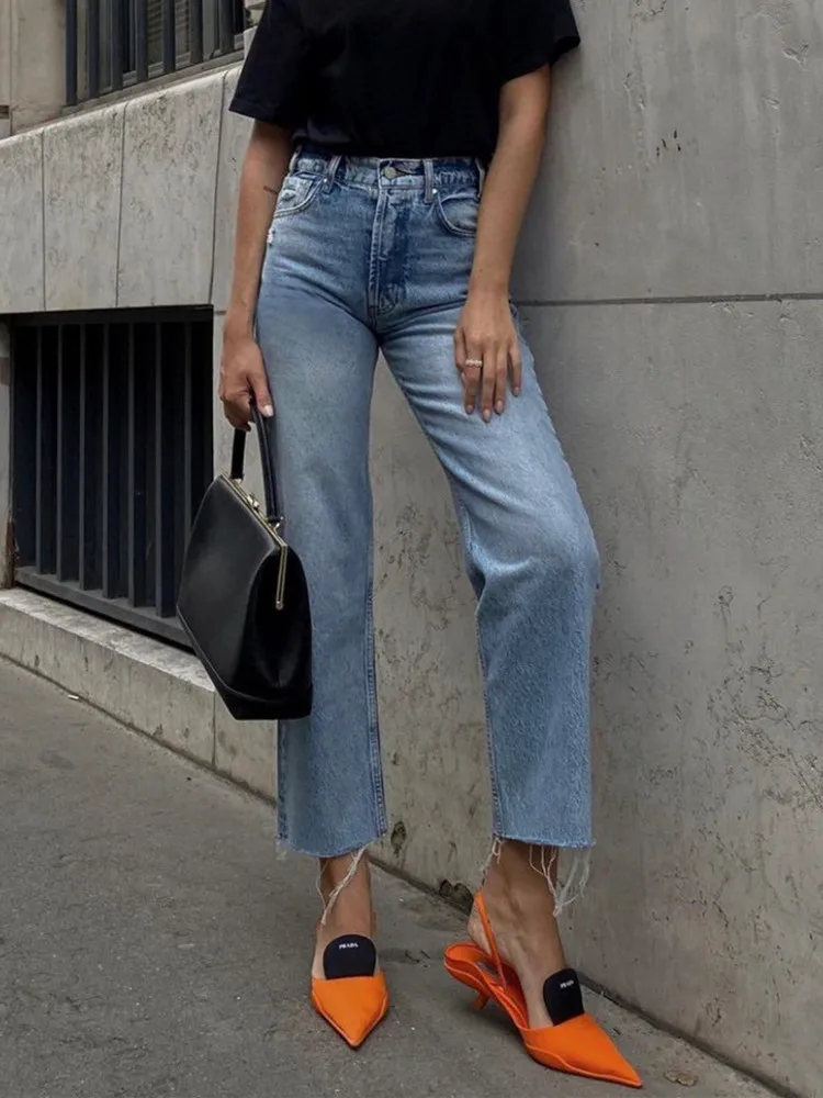 

Women Slim Ankle-Lenght Denim Pants Solid Color Casual 2023 Early Autumn Fashion Female High Waist Jeans