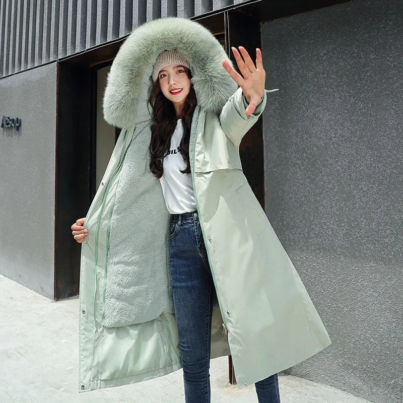 2023 New Winter Jacket Women's Parkas Thick Warm Fur Lining Long Parka Female Hooded Fleece Padded Coat Distachable Outwear 5XL