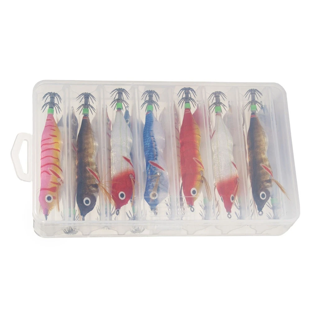 

Squid Fishing with Wood Shrimp Bait Wobbler Jigs Fishing Squid Jigging Lure Turlutte Squid with Light