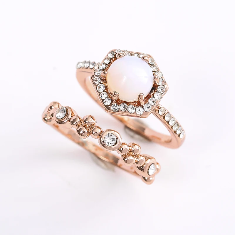 

Milangirl 2 Pcs/set Rose Gold Color Hexagon Mirco Paved Crystal Rhinestone Zircon Finger Ring for Women Party Wedding Engagement