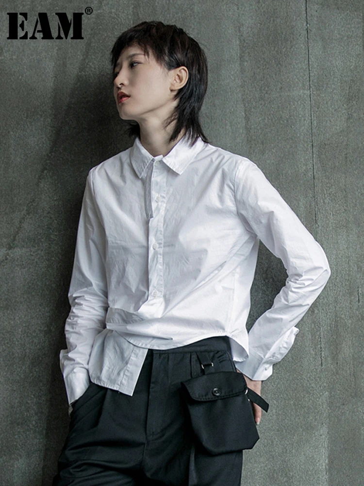 

[EAM] Женская Черно-белая Асимметричная блузка с разрезом, новая свободная рубашка с отворотом и длинным рукавом, модная весенне-осенняя 2023 1B205