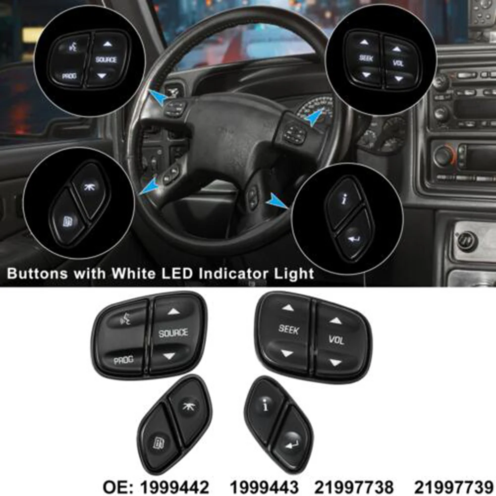 

4Pcs Car Steering Wheel Radio Volume Control Switch Buttons With White LED Light 21997738 21997739 1999442 1999443 For Chevrolet