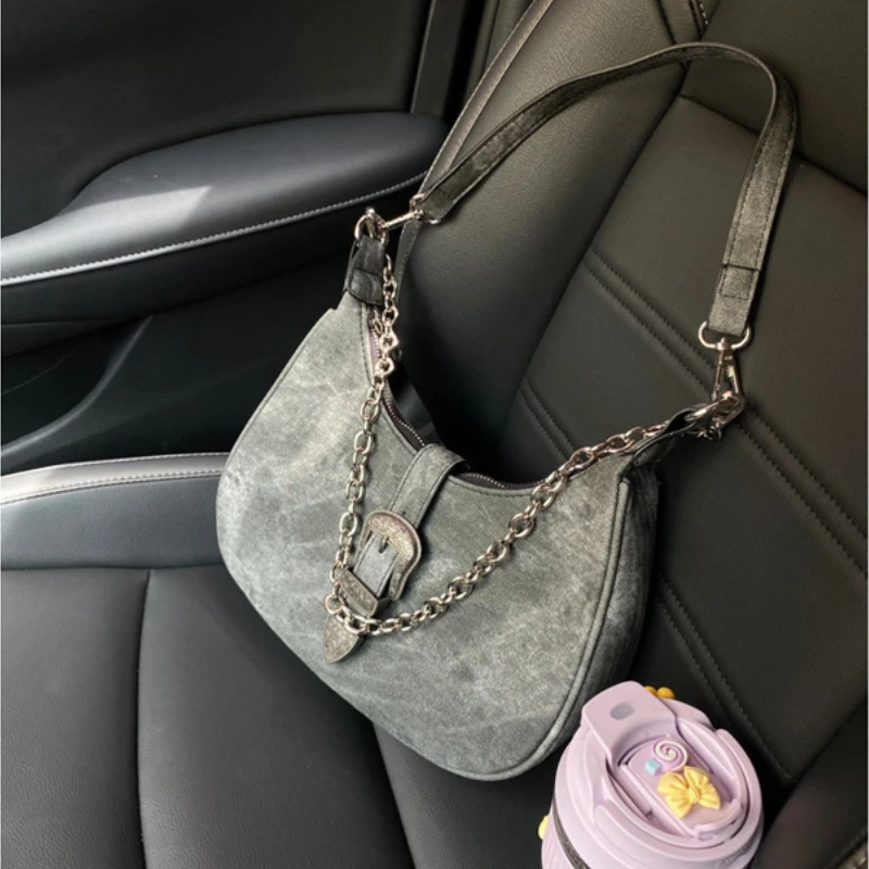 Hobos Shoulder Bags for Women Leather Designer Chain Underarm Bag Street Crescent Handbags and Purse Vintage Girl Shopper Pocket