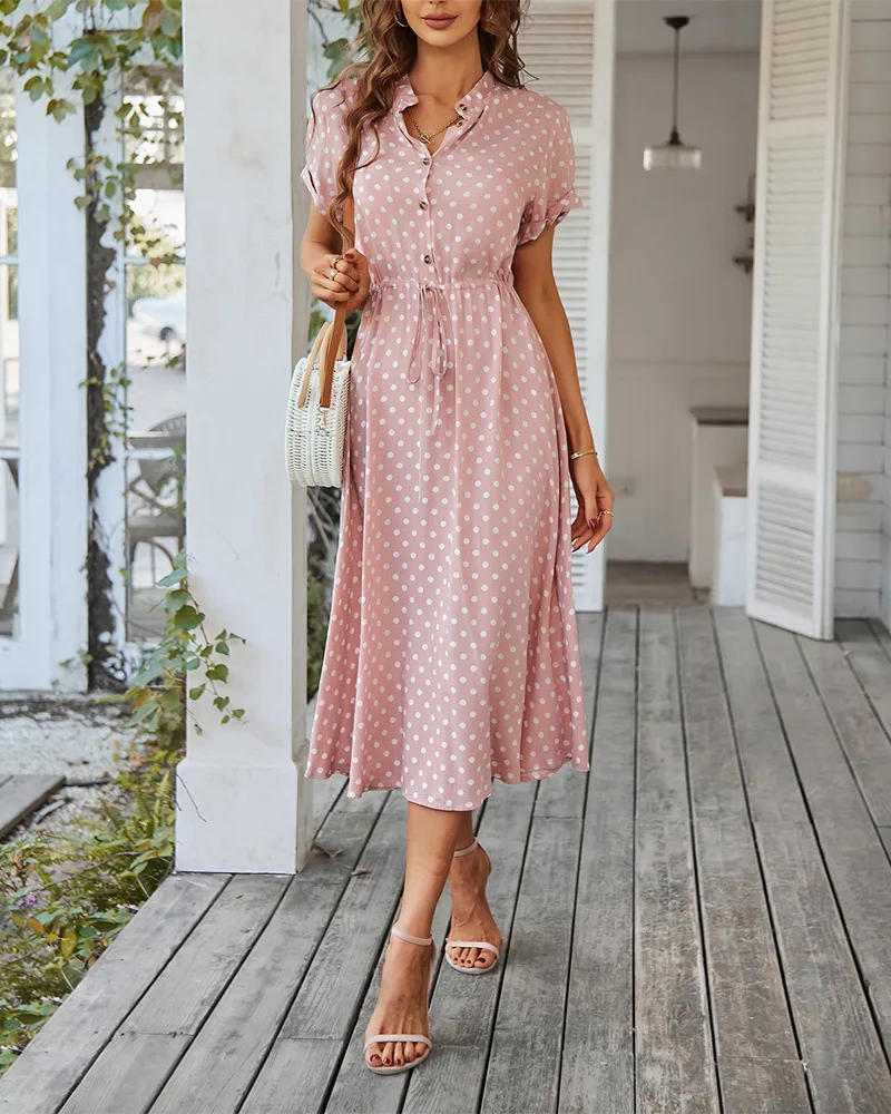 

Women Dresses Summer Fashion V-neck Shirt Print Dot Waist Lace Up Retraction Elegant Temperament Casual Robe Dress