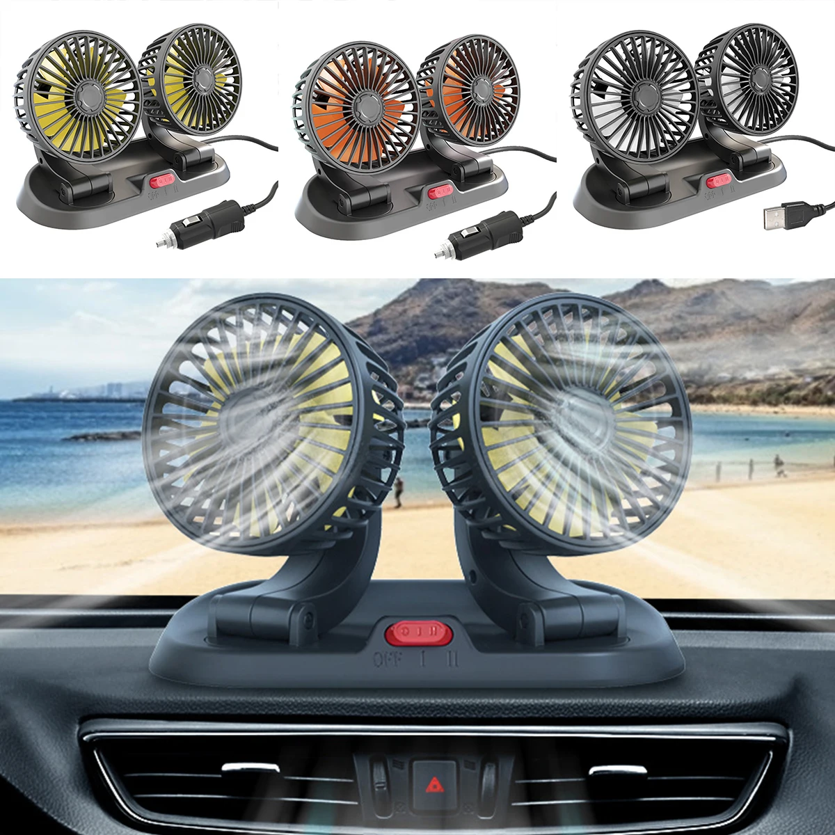 

24V/12V Electric Car Fan Dual Head Automobile Fans 2 Speed Adjustable 360° Rotatable Car Dashboard Cooling Fan for Vehicles Home