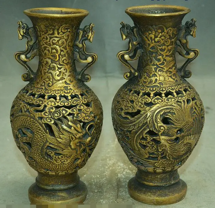 

7" Collect Chinese Palace Bronze Copper FengShui Dragon phoenix Bottle Vase Pair