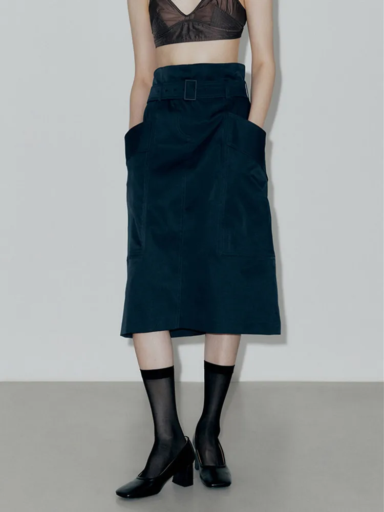 Women Split High Waist A-Line Double Pockets Solid Color Vintage Midi Skirt with Belt