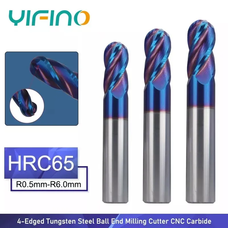 

YIFINO HRC65 4-Edged Tungsten Steel Ball End Milling Cutter CNC Carbide Cutter High Hardness Stainless Steel Coating Ball Cutter