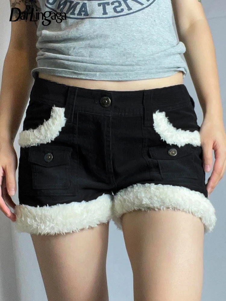 

Darlingaga Vintage Fashion Faux Fur Patchwork Corduroy Shorts Women Skinny Fluffy Grunge Autumn Winter Low Waist Short Pants Y2K
