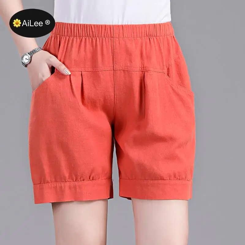 Yellow Vintage Loose Cotton Linen Woman Summer Bermuda Shorts Casual Elastic High Waist Soft Wide Leg Short Pants Retro Femme