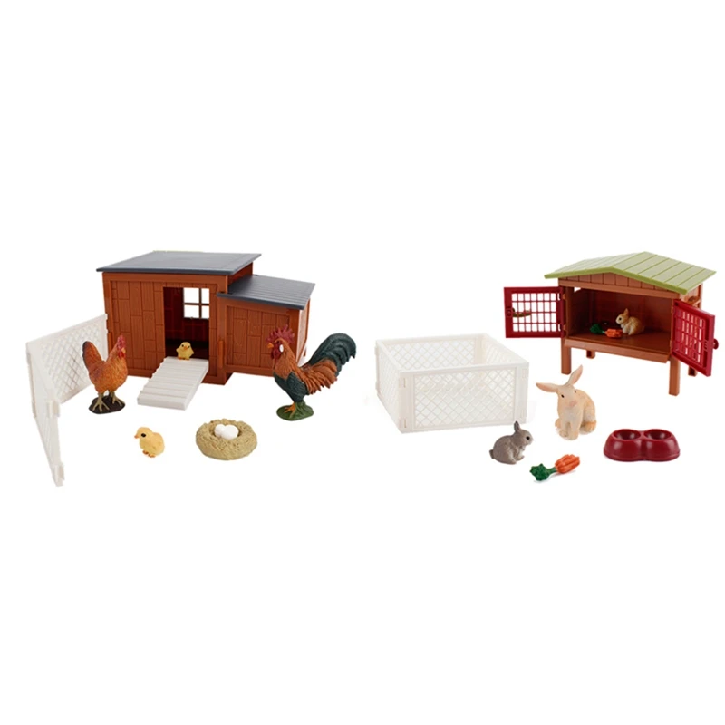 

2set Kids Toys Set DIY Simulation Farm Ranch Scene Model Solid PVC Rabbit Rooster Hen Children's DAY Gift(B&A)