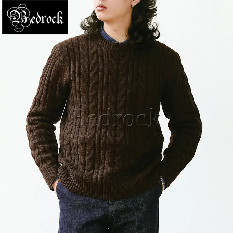 MBBCAR 100 merino wool sweater men long sleeved cardigan dark coffee round neck pullover gansey pattern cable-knit sweater 680