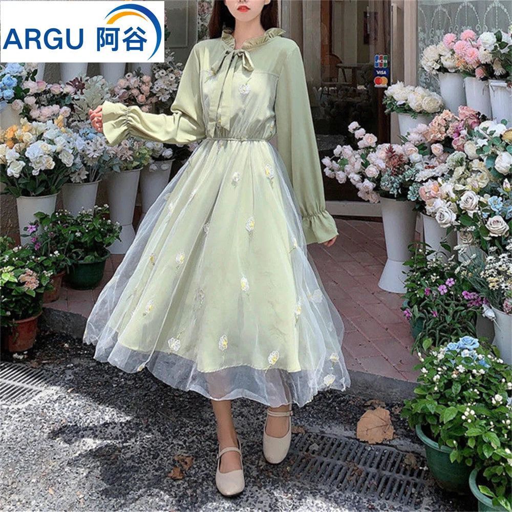 

2023 Spring Summer New Elegant Fairy Dress Women Long-sleeved Stitching Chiffon Midi Dress Female First Love Gentle Style Dress