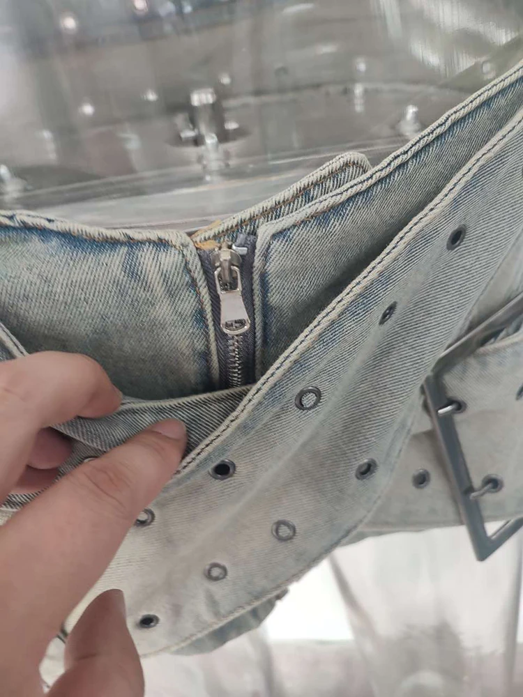 Женская джинсовая мини-юбка DEAT асимметричная короткая юбка из денима с поясом Y2K