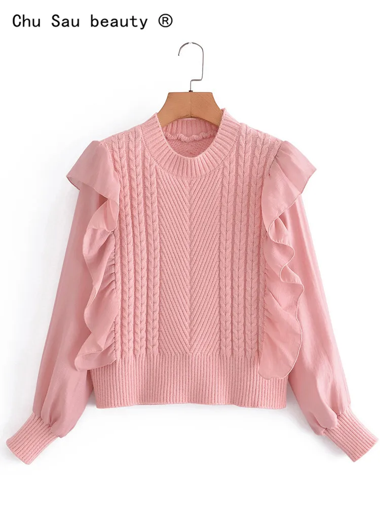 

Women Autumn Knitted Sweater Jumpers 2022 New Chic Sweet Chiffon Ruffled Stitching Lantern Sleeves O-Neck Pullover Female