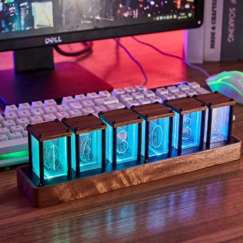 

Cyberpunk Style Table Nixie Tube Clock RGB Glow Tube Clock Walnut Wood Base LED Electronic Digital Alarm Lamp Clock Timer Gift