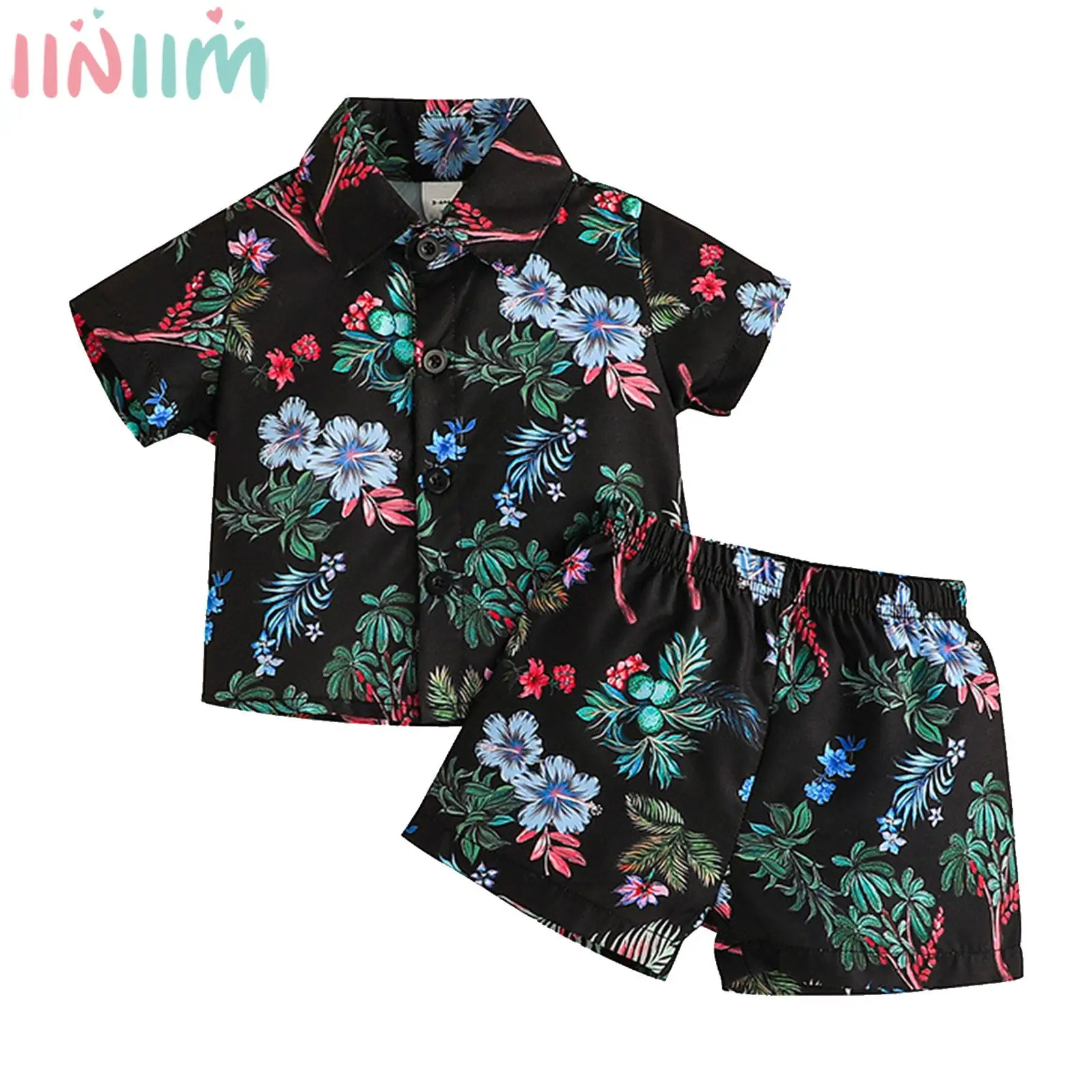 

Baby Boys Floral Print Clothes Set Short Sleeve Lapel Shirt with Shorts Summer Casual Outfits for Daily Wear Beach Vacation