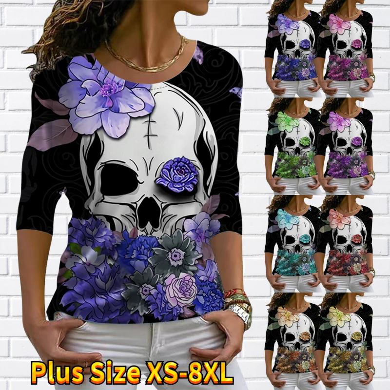 

2022 Autumn Winter Fashion Tops Long Sleeve Casual Pullover Loose Elegant Skull Head Printing T-shirt Women's Flower Pattern Tee
