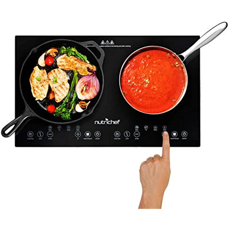 

Double Induction Cooktop - Portable 120V Digital Ceramic Dual Burner w/ Kids Safety Lock - Works with Flat Cast Iron Pan