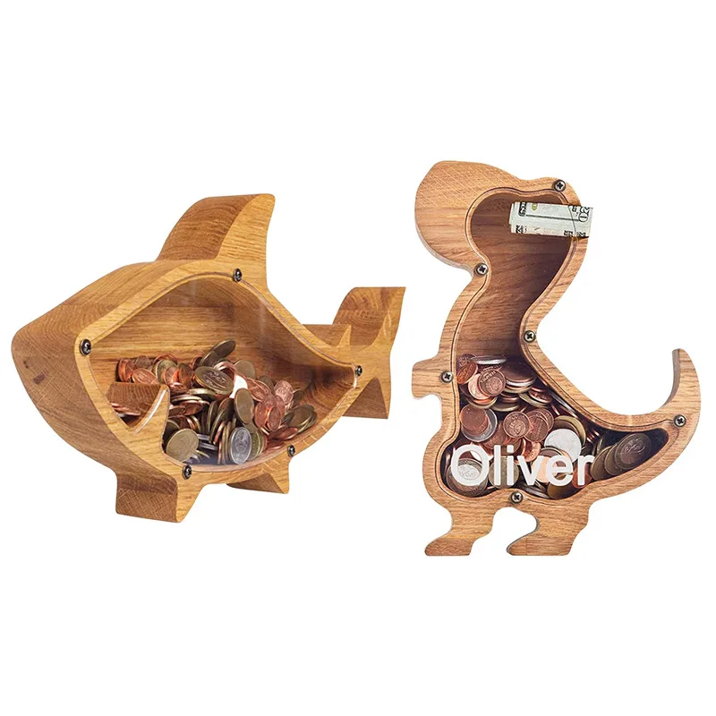 

Creative Wooden Animal Piggy Bank Coin Money Saving Box Jar Coins Storage Box Dinosaur Pig Cat Fish Bear Money Boxes for Kid