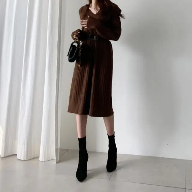 Women 2022 Autumn Winter New Thick V-neck Knitted Dress Female Long Sleeve Straight Dresses Ladies Warm Pullover Vestidos Q310