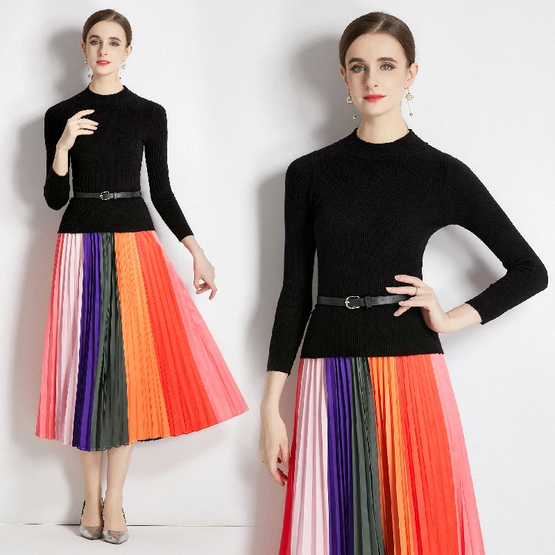 Retro elegant two-piece women's knitted black pullover sweater top + striped pleated long skirt two-piece set
