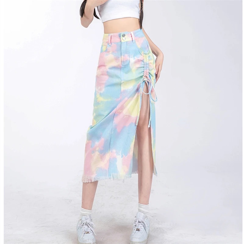 

Tie-Dyed Colorful Drawstring Lace Up High Waist Mid-length Skirt Women's Summer Street Style Straight A-line Split Skirt Female