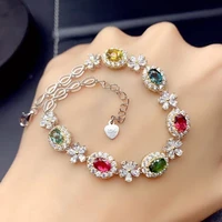 meibapj 925 sterling silver natural rainbow tourmaline gemstone fashion bracelet for women fine colorful bangle wedding jewelry