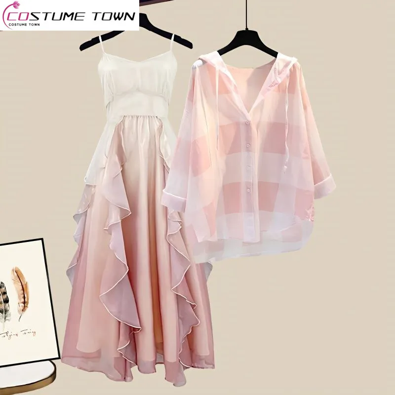 Oversized Women's Spring/Summer Set Women's 2023 New Style Slim Shirt Mesh Slim Dress Two Piece Set Fashion