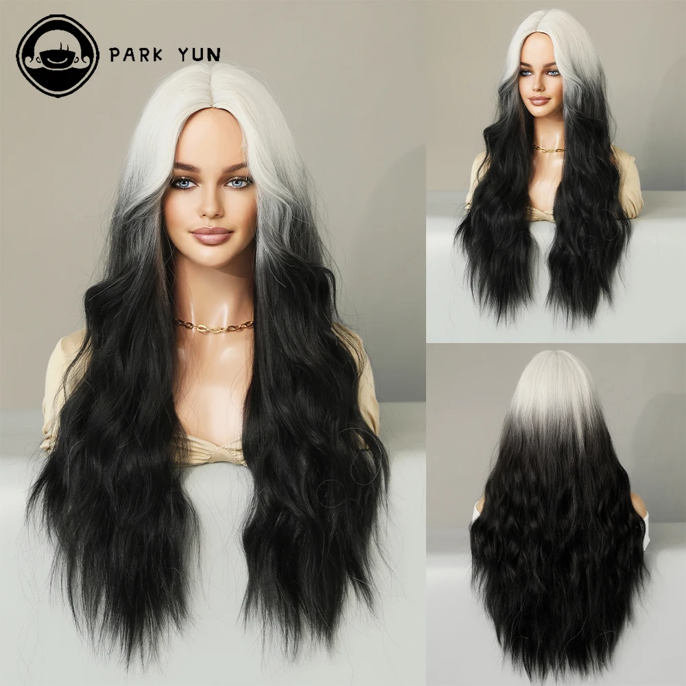 

Long Wavy Hair Wig for Women Ombre Black White Cosplay Party Daily Synthetic Wigs Mid Parting Curly Wig Heat Resistant