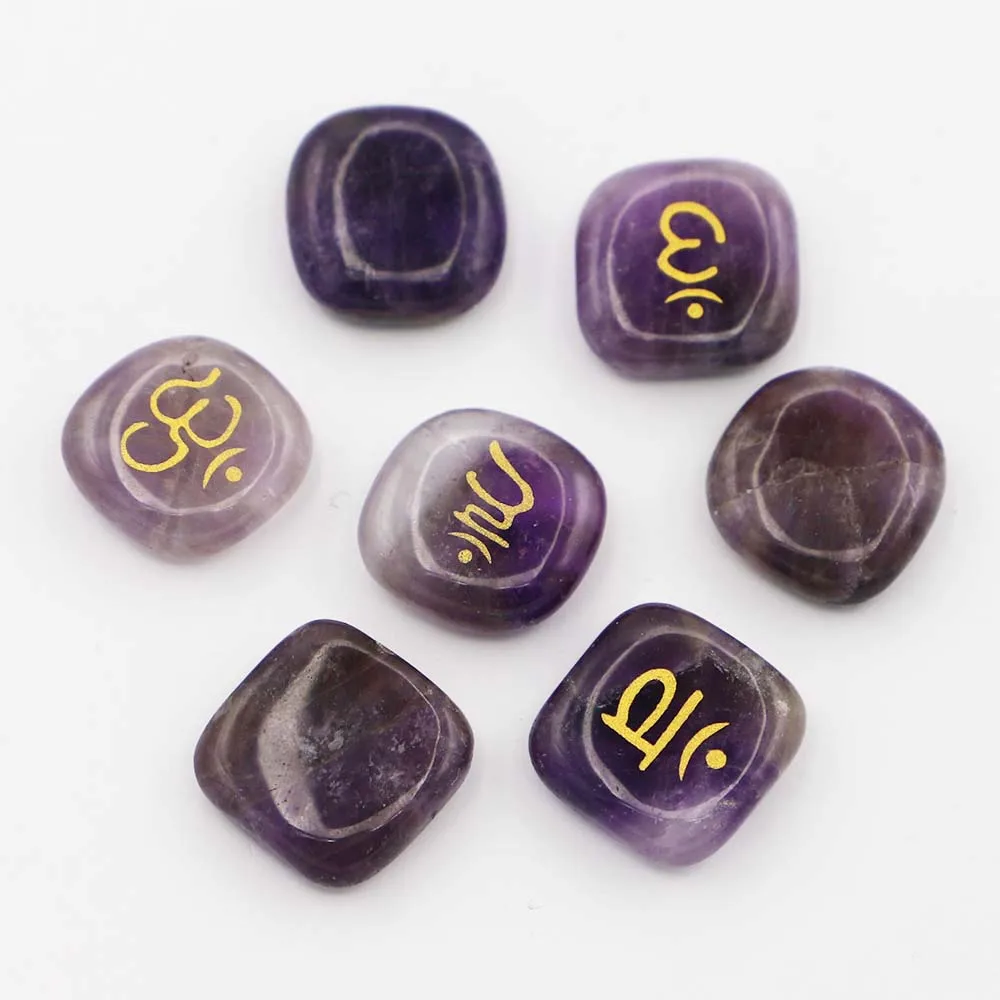 Natural Divination Stone Amethyst Prints Symbols Round Shape Polished Palm Chakra Reiki Crystal Fortune Telling Specimen Healing