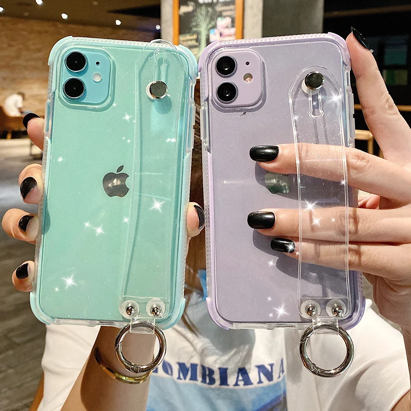 

Блестящий чехол с порошковым держателем для телефона iPhone 12Pro 11 X XR XS Max 7 8 Plus, прозрачный мягкий ударопрочный чехол из ТПУ с ремешком на запяст...
