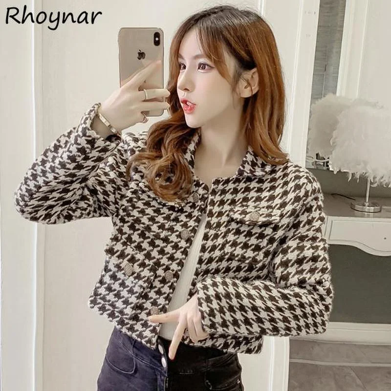 

Cropped Jackets Women Vintage Houndstooth Plaid Korean Temperament Lady Outwear Casual Turn Down Collar Classical Official Retro