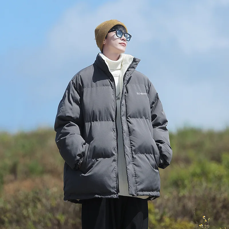 Winter cotton-padded men's 2022 new boys plus velvet warm cotton-padded clothes simple fashion fashion collar coat cotton-padded