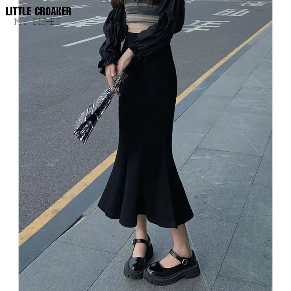 

2022 Spring Summer Women Fashion Office Lady Ruffles Skirt Solid Color High Waist Fishtail Flouncing Knee Length Skirts M127