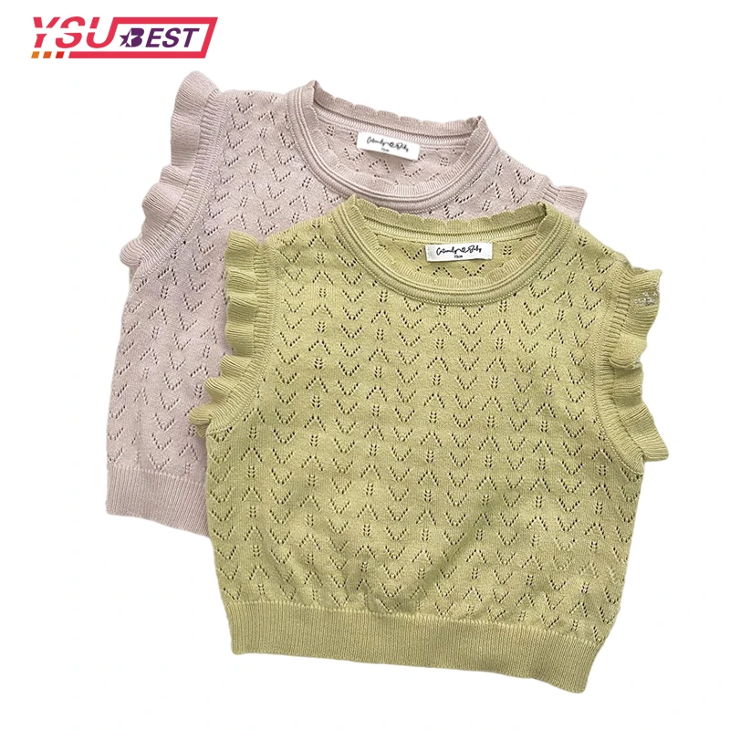 

2022 Summer Korean Style Baby Girls knitted Hollow Out Vests Sleeveless Pullovers Tops Ruffles Kids Cotton Waistcoats Autumn