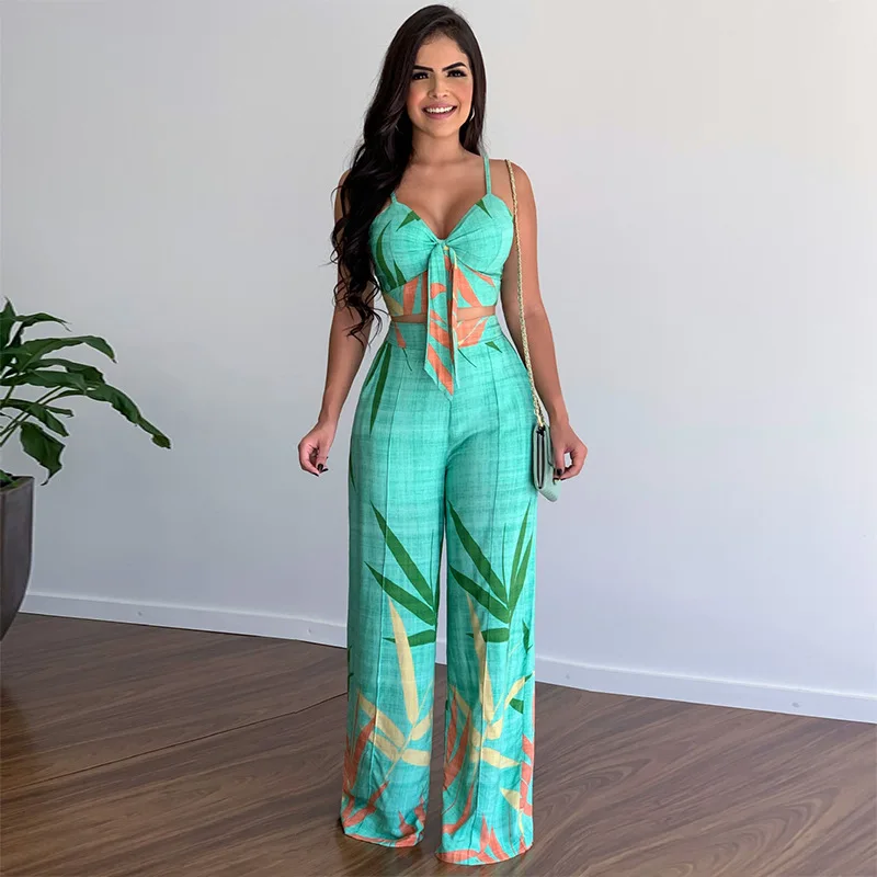 

Women's Casual Two-Piece Set, Sexy V-Neck Strap, Printed Short Lace Up Vest, High Waist Printed Wide Leg Pants, Summer