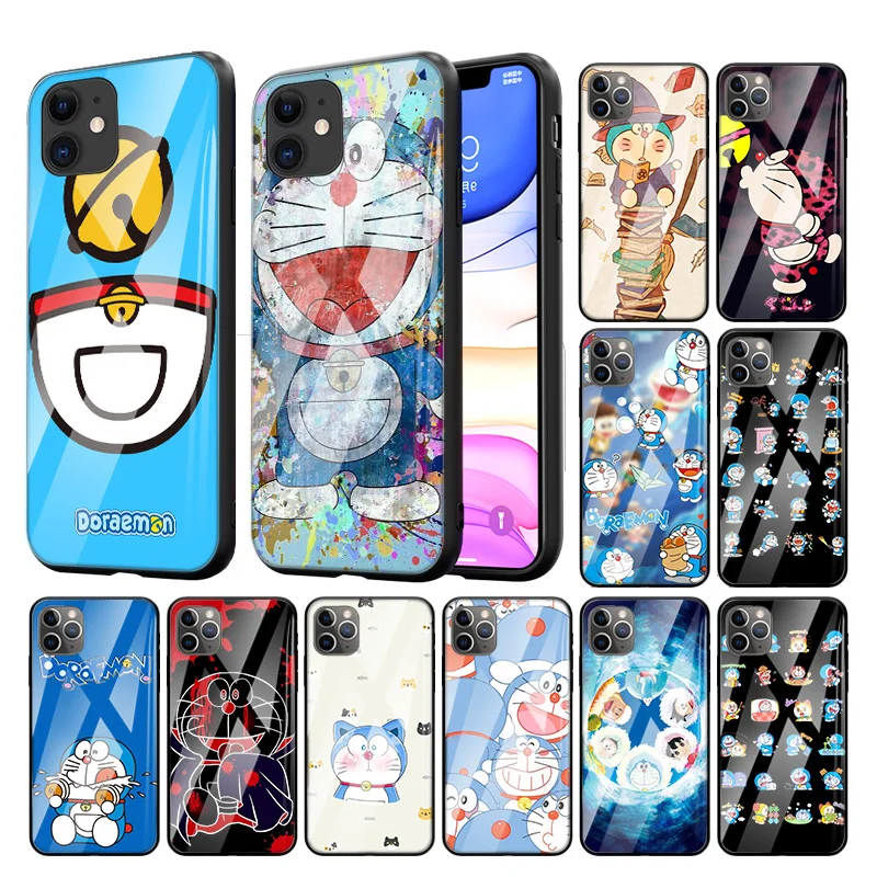 

Glass Case For Apple iPhone 11 12 mini 13 Pro 7 8 X XR XS Max 6 6S Plus SE 2022 Soft Edge Phone Cover Doraemon Anime Cute Cat