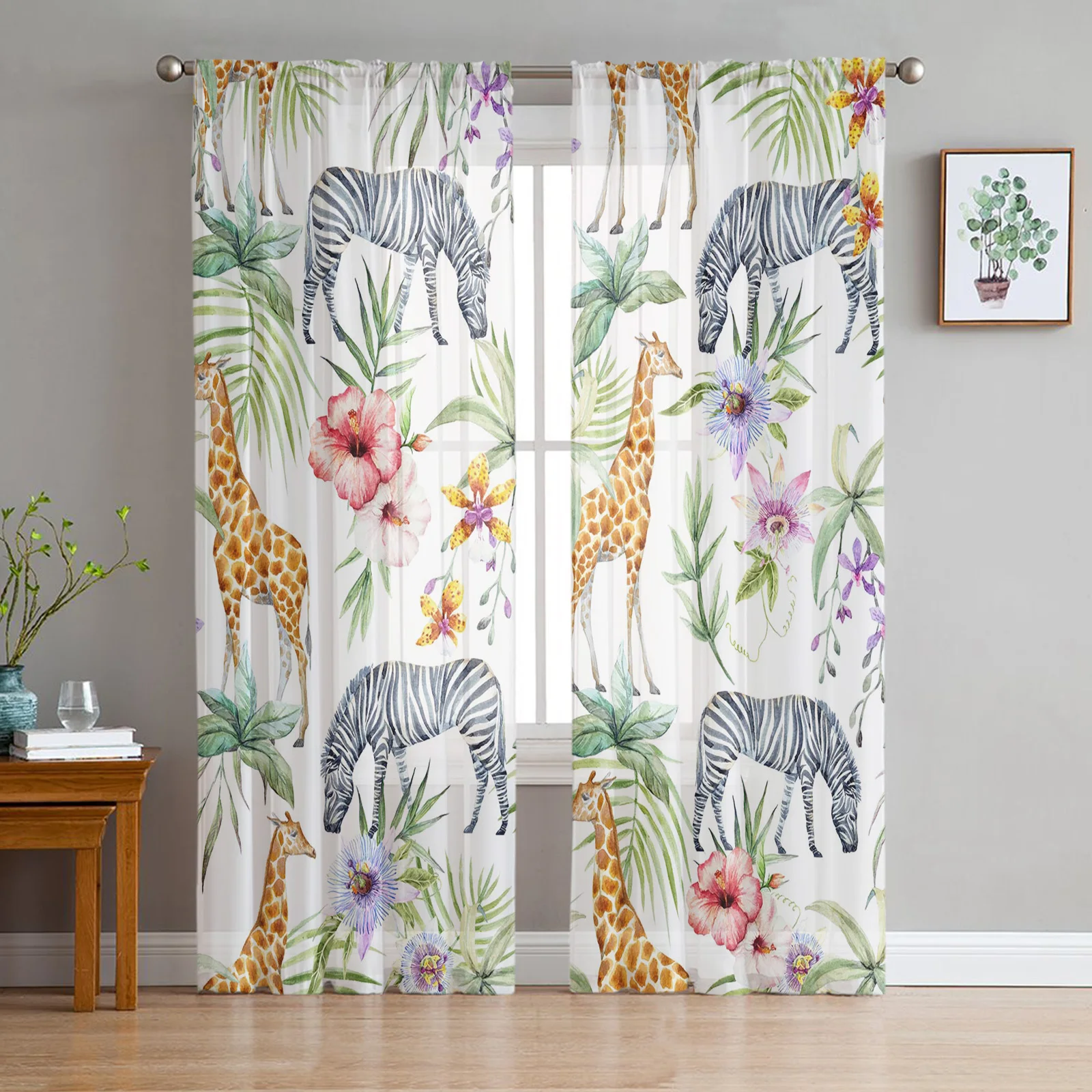 

Тюлевые шторы с жирафом, полосами, листьями, цветами и современным принтом, прозрачные Занавески для гостиной, спальни, комнаты, тюлевые што...