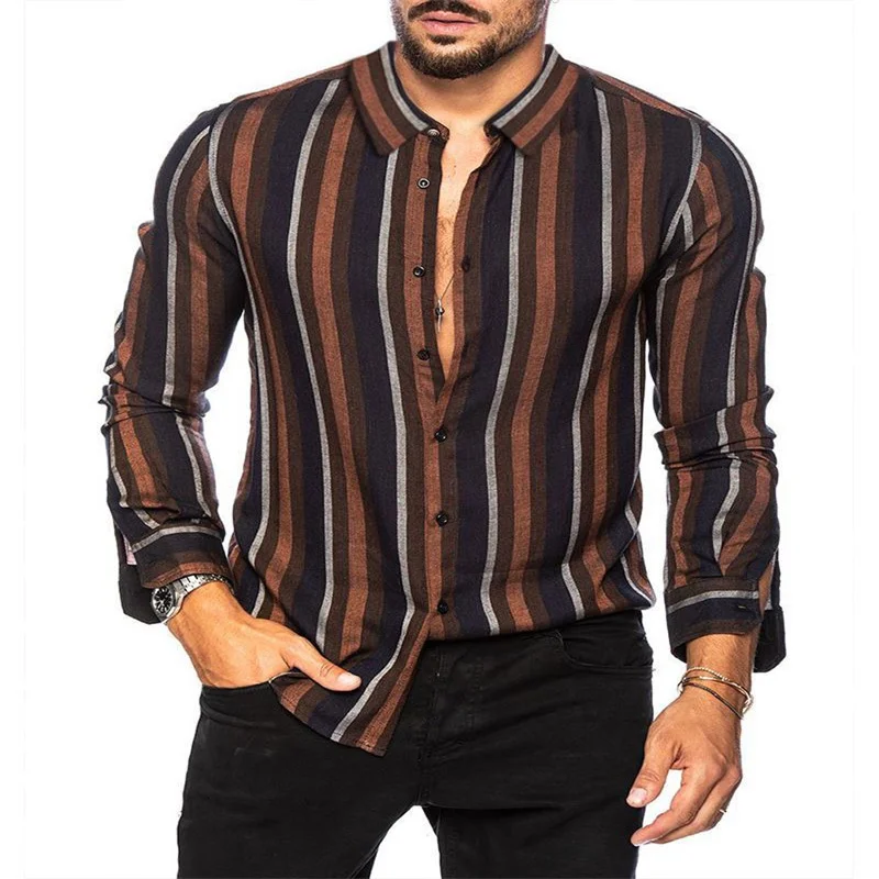 European And American Men'S Slim Top Square Neck Stripe Casual Long Sleeve Shirt Fashionable Personality Trend Gent