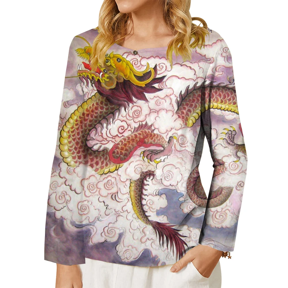 

CLOOCL Art Women T-shirt Golden Dragon Genre Painting 3D Printed Button Decorate Crew Neck Long Sleeve Tee Aesthetic Clothing
