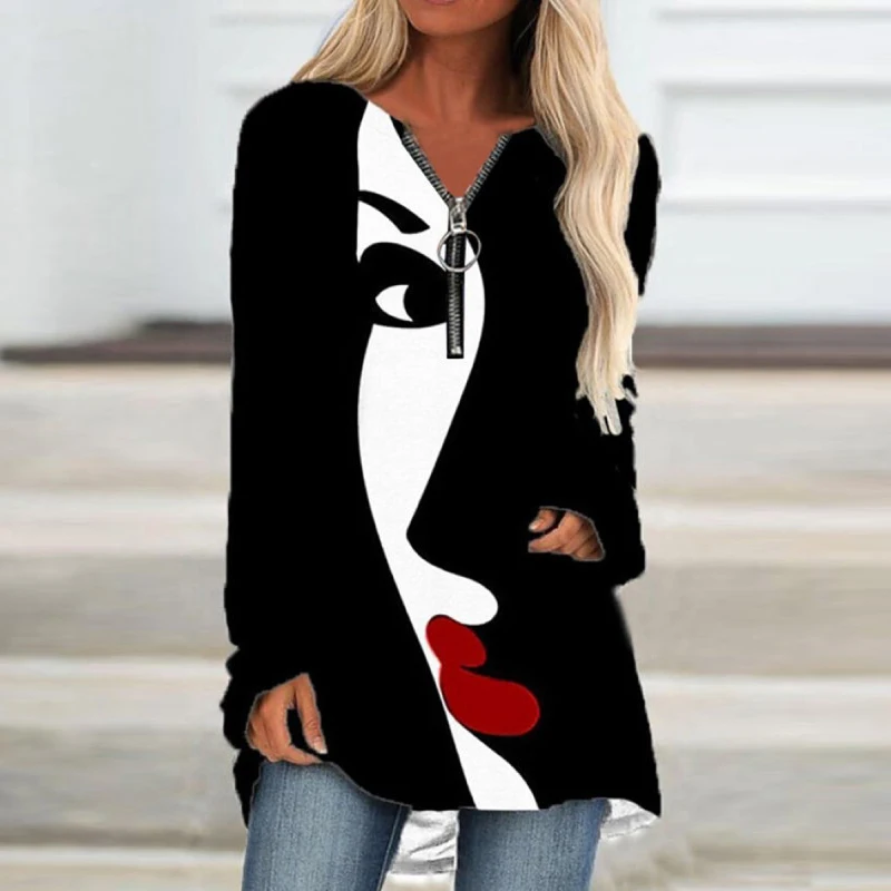 

Vintage Abstract Rose Print Patchwork T-shirt Women Elegant Zipper Office Top Pullover Spring Autumn Long Sleeve Streetwear Tees