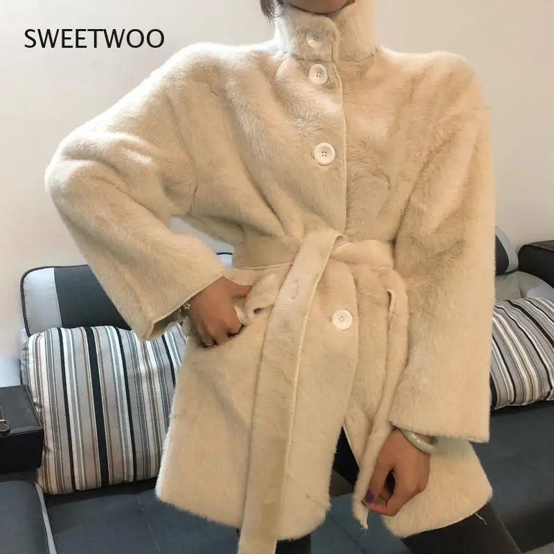 2022 Winter Thick Solid Women Fur Jacket Outwear Lady Faux Rabbit Fur Sashes Fashion Coats Female Warm Coat Contracted Slim Tide