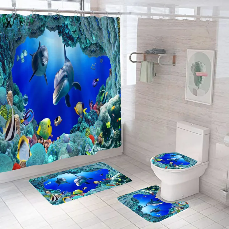 3D Print Fish Bath Curtain Dolphin Mat Set Marine Life Toilet Rugs Flower Carpet Waterproof Anti-slip Shower Curtains |