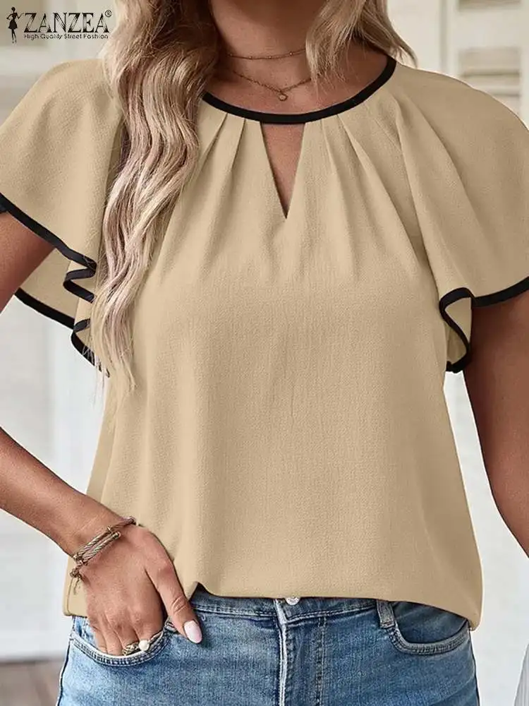 

ZANZEA Woman Fashion Solid Shirt Summer Short Sleeve Ruffles Blouse Female Casual Tunic Tops Elegant OL Work Blusas Oversized