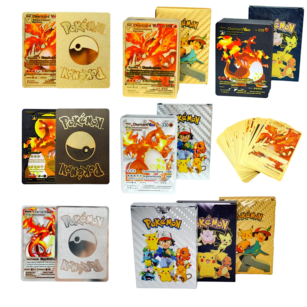 

Pokemon Metal Gold Foil Card Boxed 27-55Pcs Spanish Shiny English Vmax GX Rare Charizard Pikachu Collection Battle Toys Gift