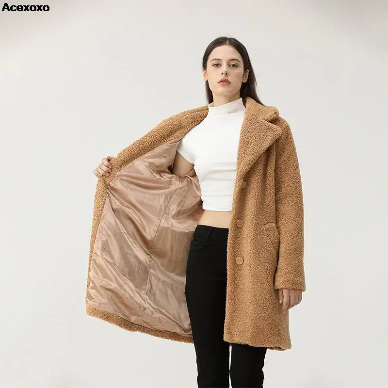 

Autumn and winter new women's fashion casual wool plush lapel breasted warm coat
