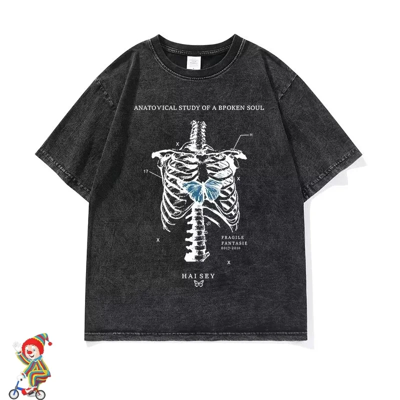 

Американская винтажная свободная футболка с принтом скелета, бабочки, с коротким рукавом, для мужчин и женщин, в стиле Хай-стрит, хип-хоп